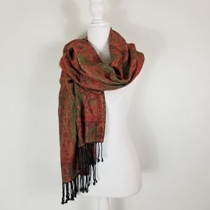 Sacred Threads viscose paisley floral boho fringe scarf green red